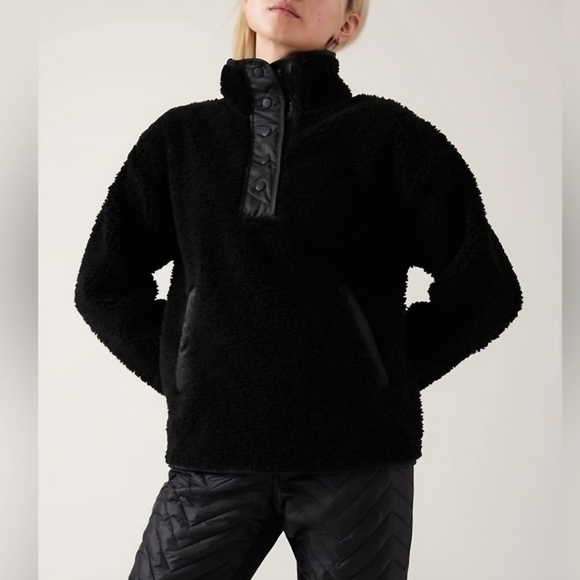 ATHLETA Women's XS Cozy Sherpa Snap Sweatshirt Black Teddy Zip Pockets Mock Neck - Picture 2 of 10